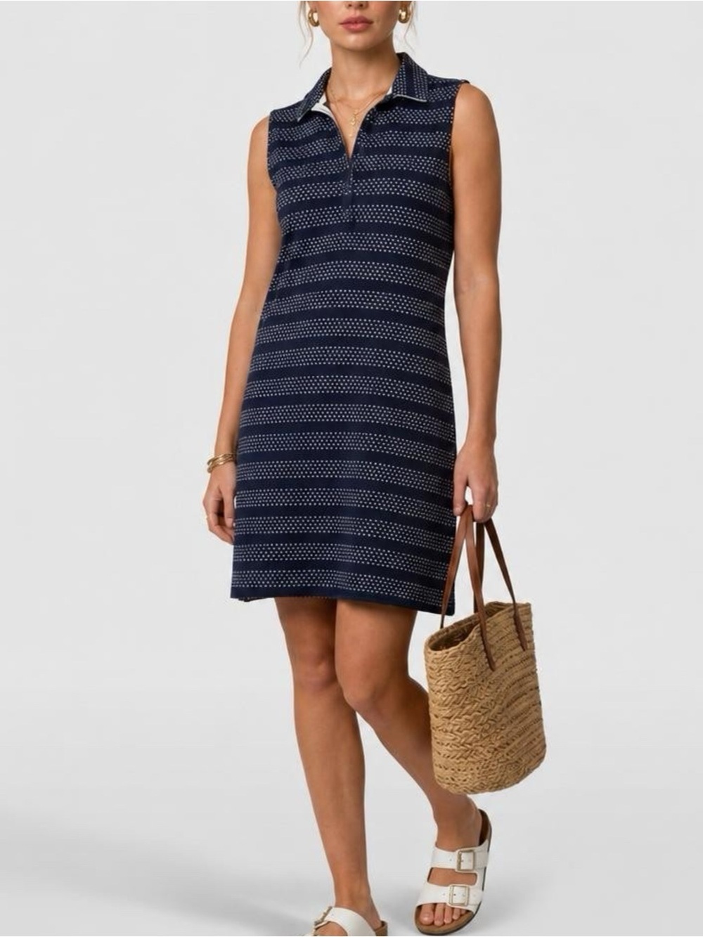 LANDS END Women’s Coastal Navy Stripe Polo Dress Sleeveless Collared Preppy Sz M